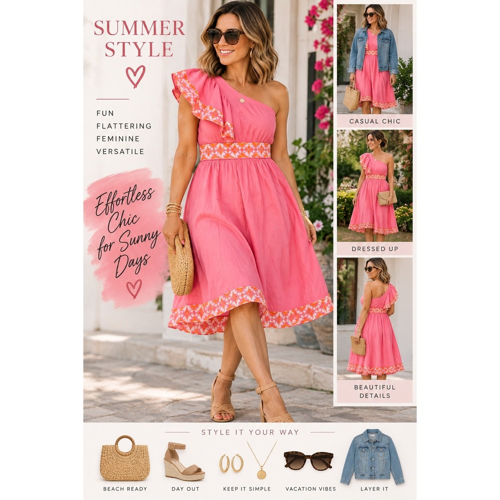 Crown & Ivy Pink One Shoulder Ruffle Dress Embroidered Waist Cotton Size 16 NWT